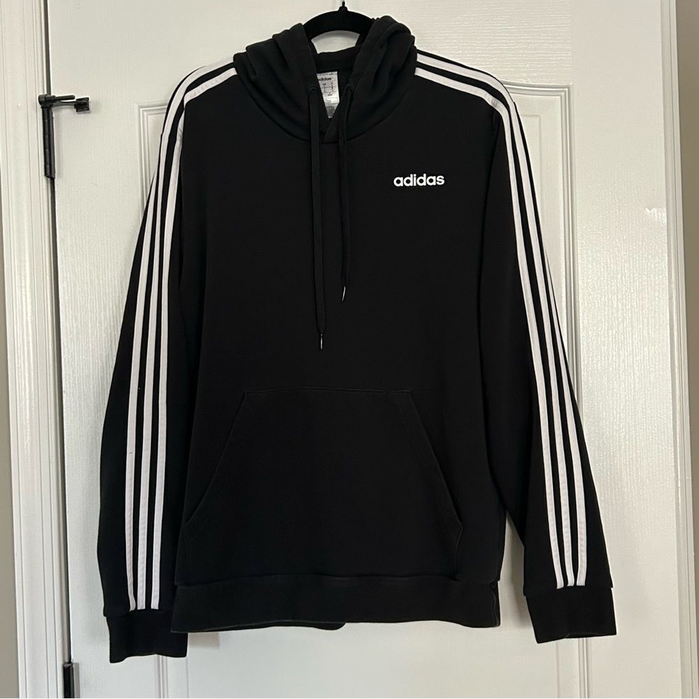Adidas Men's Black Pullover Hoodie 3 Stripe Sweatshirt Athletic Size Large